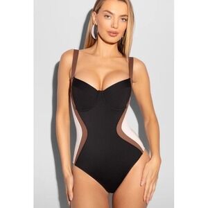 TA3 Swimsuit One Piece Lifty Contour Black/ Mocha/ Peach Small Reg/Long NWT